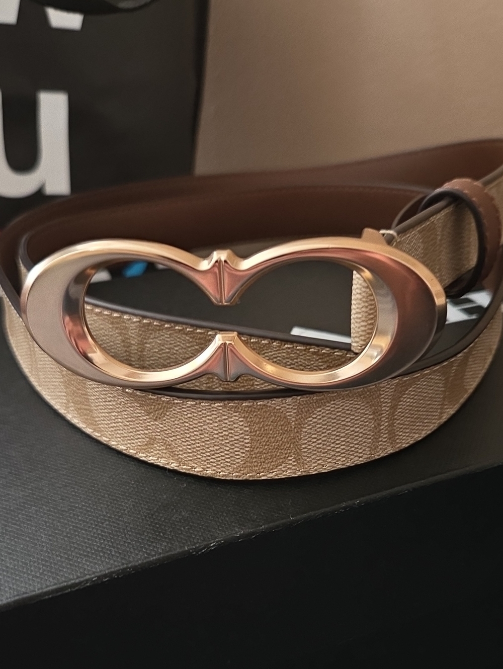 Coach Beige Signature Canvas Belt with Gold Double-C Buckle